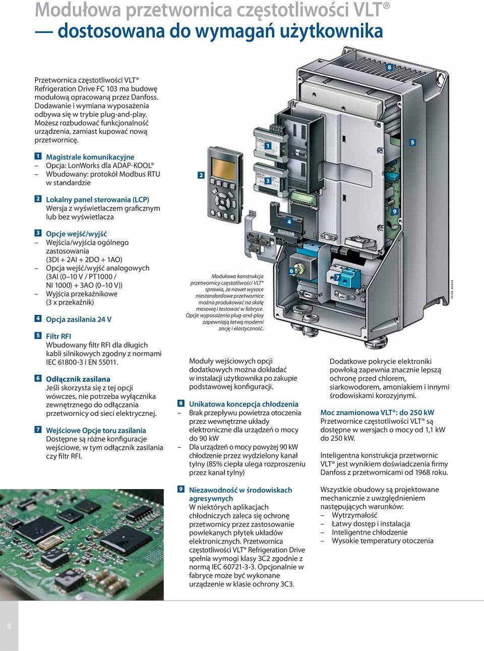 1 Magistrale komunikacyjne Opcja: LonWorks dla ADAP-KOOL Wbudowany: protokół Modbus RTU w standardzie 2 1 3 5 2 Lokalny panel sterowania (LCP) Wersja z wyświetlaczem graficznym lub bez wyświetlacza 3