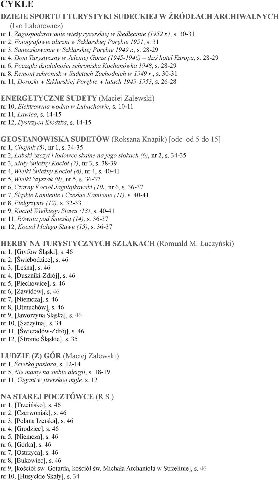 28-29 nr 6, Początki działalności schroniska Kochanówka 1948, s. 28-29 nr 8, Remont schronisk w Sudetach Zachodnich w 1949 r., s. 30-31 nr 11, Dorożki w Szklarskiej Porębie w latach 1949-1953, s.