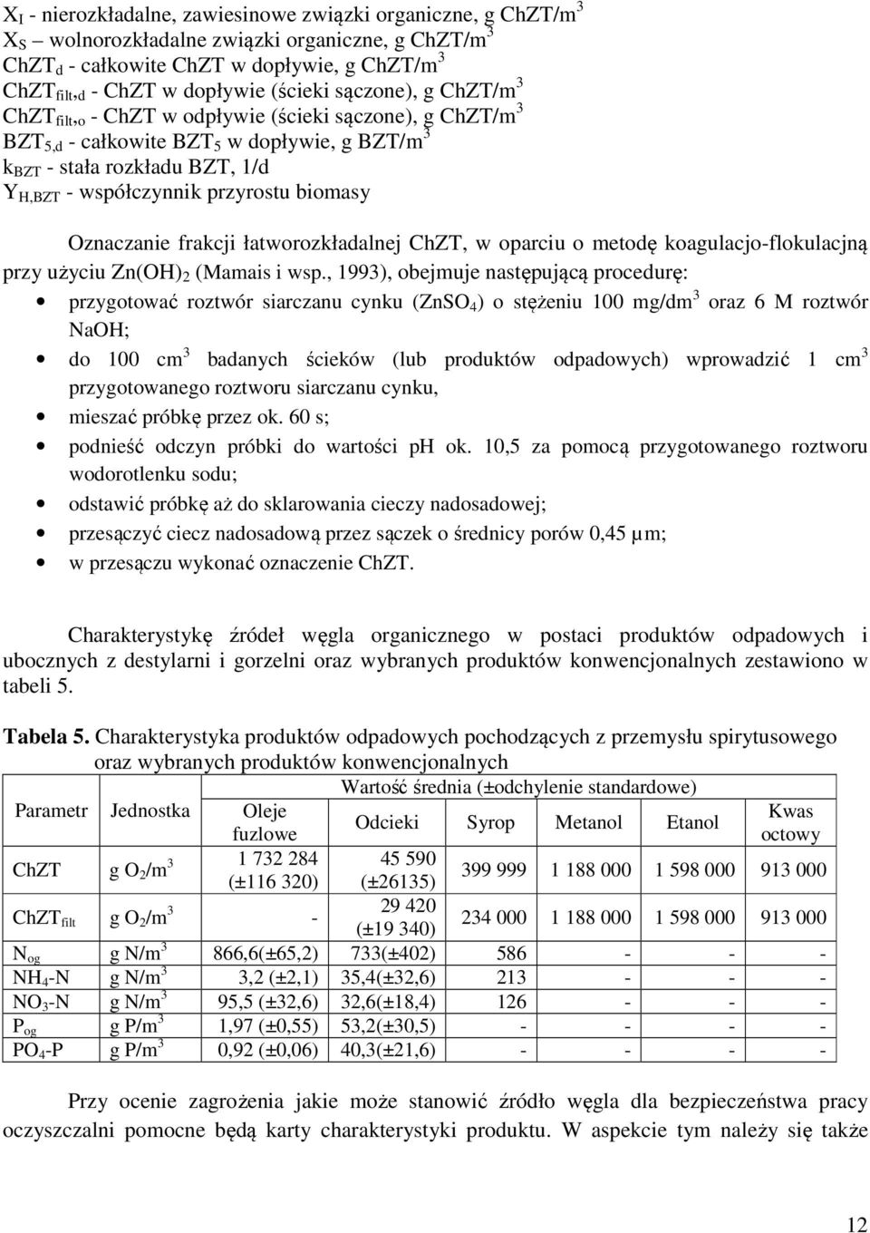 przyrostu biomasy Oznaczanie frakcji łatworozkładalnej ChZT, w oparciu o metodę koagulacjo-flokulacjną przy użyciu Zn(OH) 2 (Mamais i wsp.