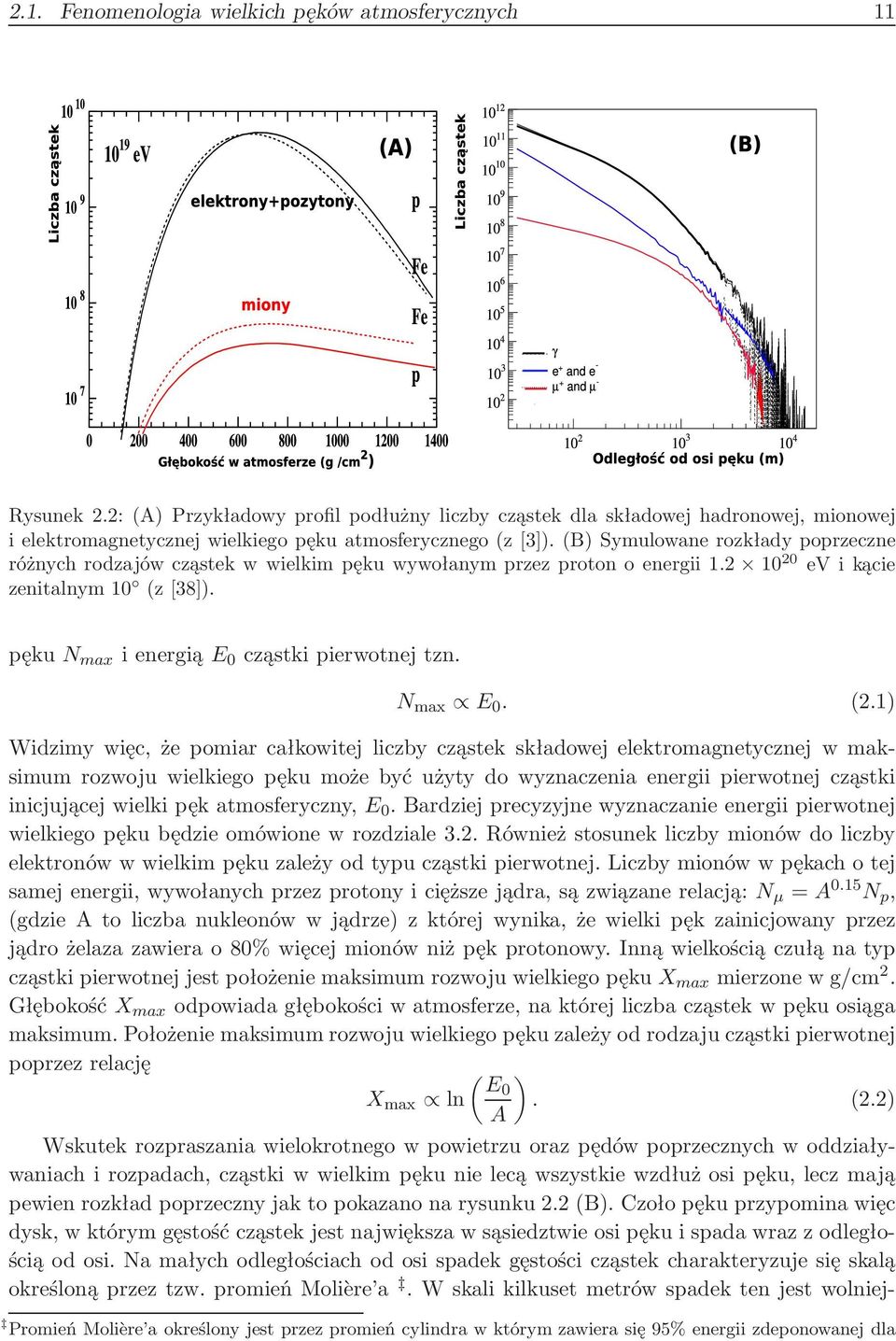 (B) Symulowane rozkłady poprzeczne różnych rodzajów cząstek w wielkim pęku wywołanym przez proton o energii 1.2 20 ev i kącie zenitalnym (z [38]). pęku N max ienergiąe 0 cząstki pierwotnej tzn.