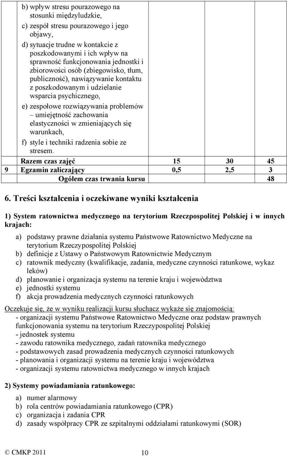 w zmieniających się warunkach, f) style i techniki radzenia sobie ze stresem. Razem czas zajęć 15 30 45 9 Egzamin zaliczający 0,5 2,5 3 Ogółem czas trwania kursu 48 6.