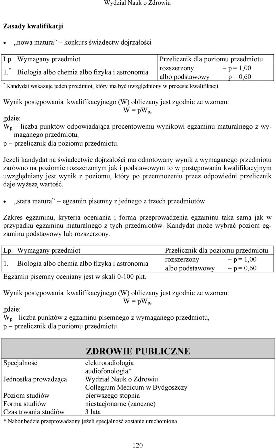 maturalnego z wymaganego przedmiotu, p przelicznik dla poziomu przedmiotu.