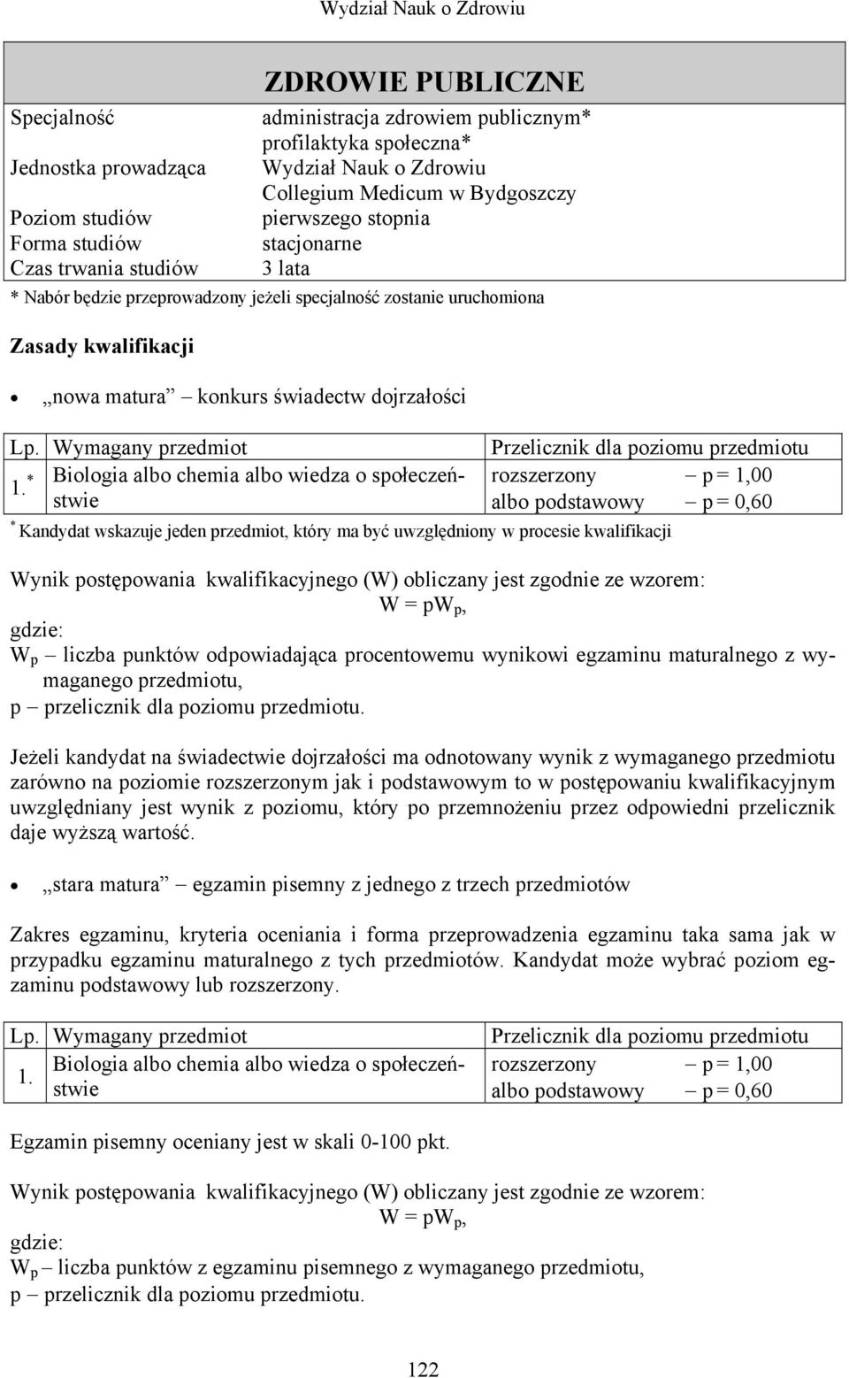 Biologia albo chemia albo wiedza o społeczeństwie Kandydat wskazuje jeden przedmiot, który ma być uwzględniony w procesie kwalifikacji W p liczba punktów odpowiadająca procentowemu wynikowi egzaminu