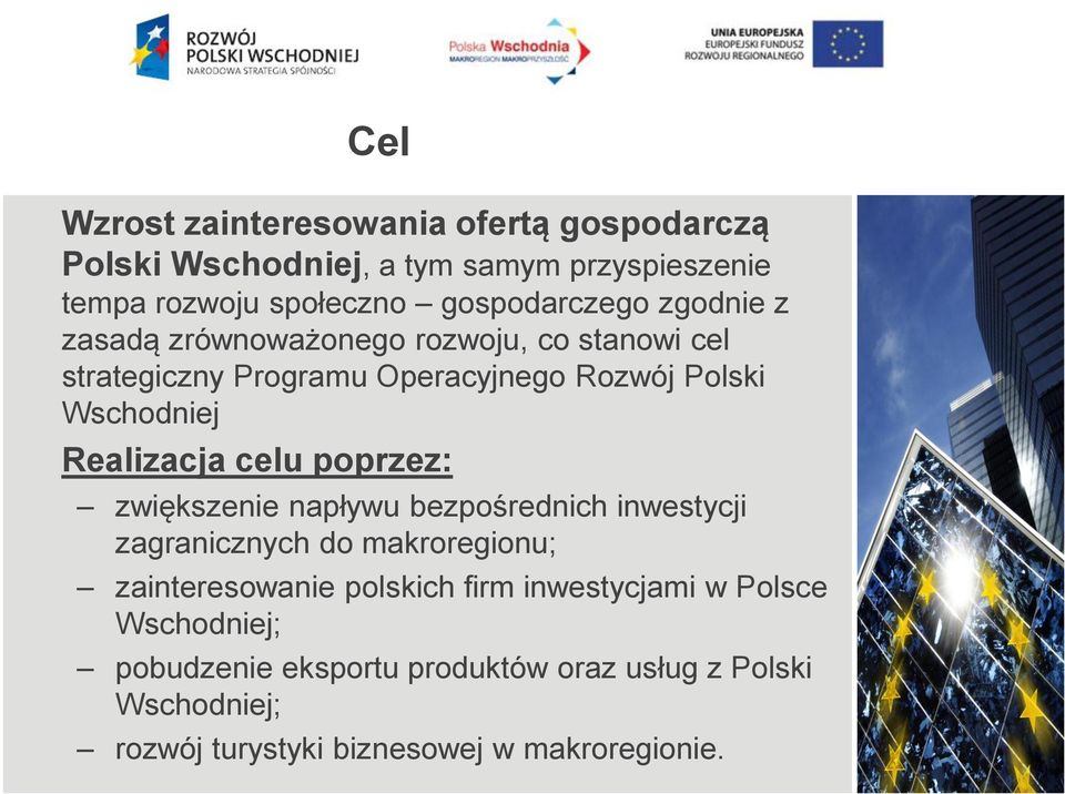 celu poprzez: zwiększenie napływu bezpośrednich inwestycji zagranicznych do makroregionu; zainteresowanie polskich firm