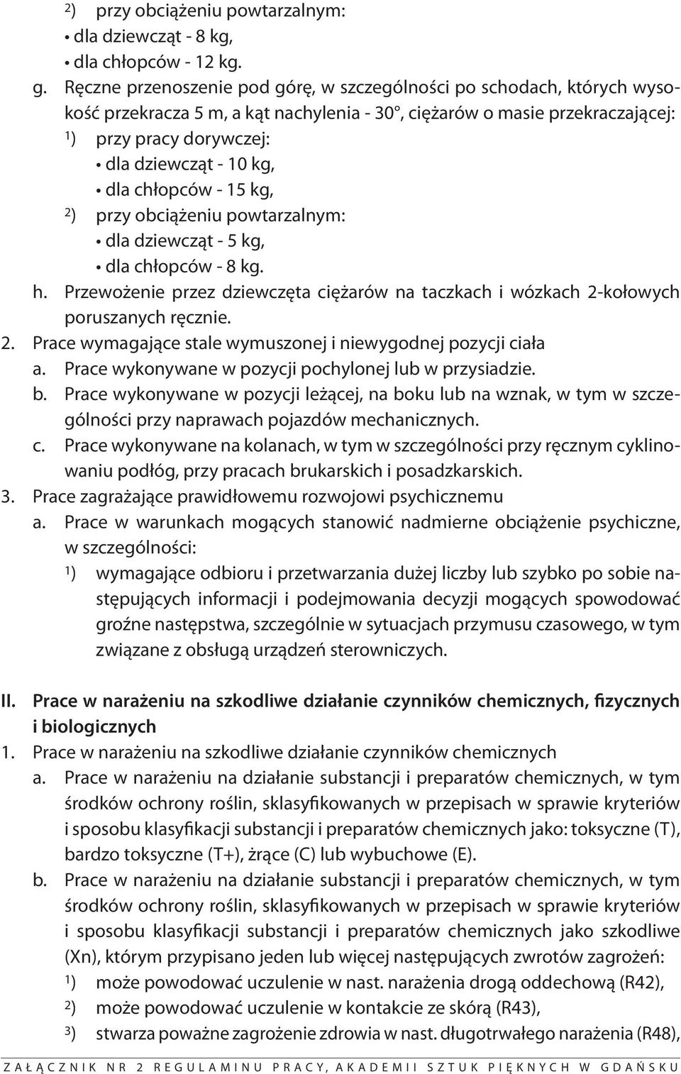 dla chłopców - 15 kg, 2 ) przy obciążeniu powtarzalnym: dla dziewcząt - 5 kg, dla chłopców - 8 kg. h. Przewożenie przez dziewczęta ciężarów na taczkach i wózkach 2-kołowych poruszanych ręcznie. 2. Prace wymagające stale wymuszonej i niewygodnej pozycji ciała a.