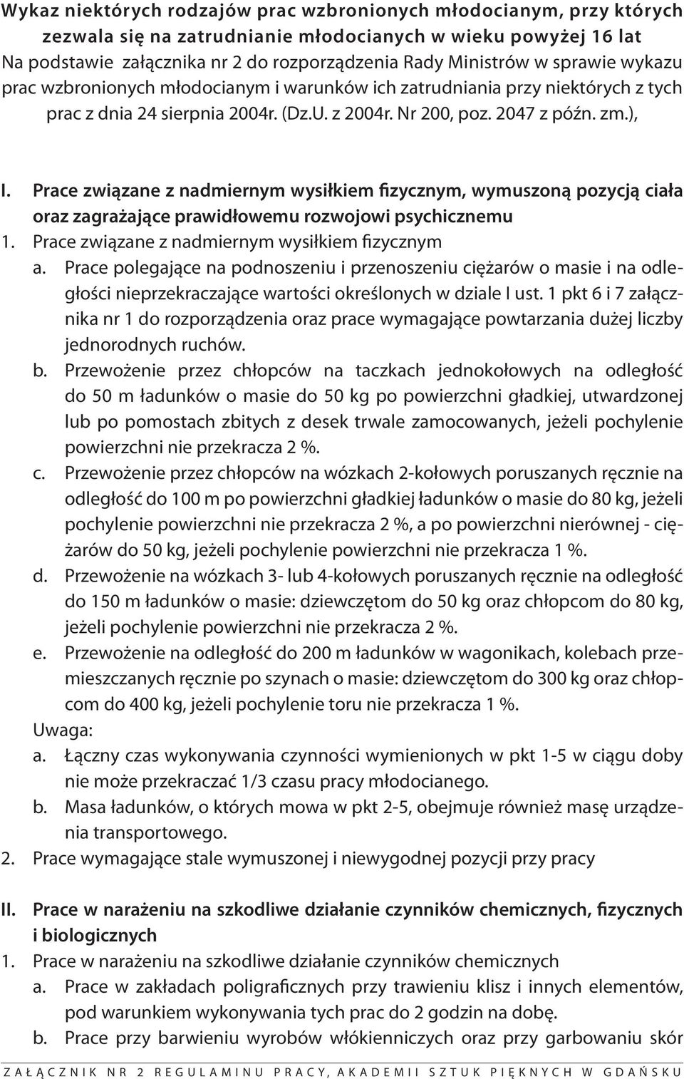 Prace związane z nadmiernym wysiłkiem fizycznym, wymuszoną pozycją ciała oraz zagrażające prawidłowemu rozwojowi psychicznemu 1. Prace związane z nadmiernym wysiłkiem fizycznym a.