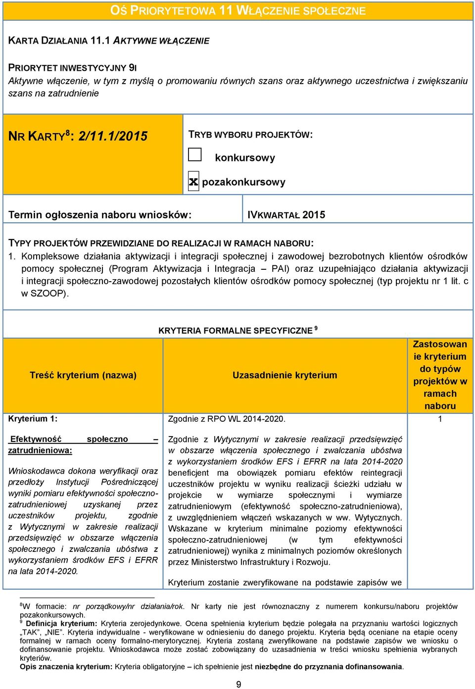 1/2015 TRYB WYBORU PROJEKTÓW: konkursowy x pozakonkursowy Termin ogłoszenia naboru wniosków: IVKWARTAŁ 2015 TYPY PROJEKTÓW PRZEWIDZIANE DO REALIZACJI W RAMACH NABORU: 1.