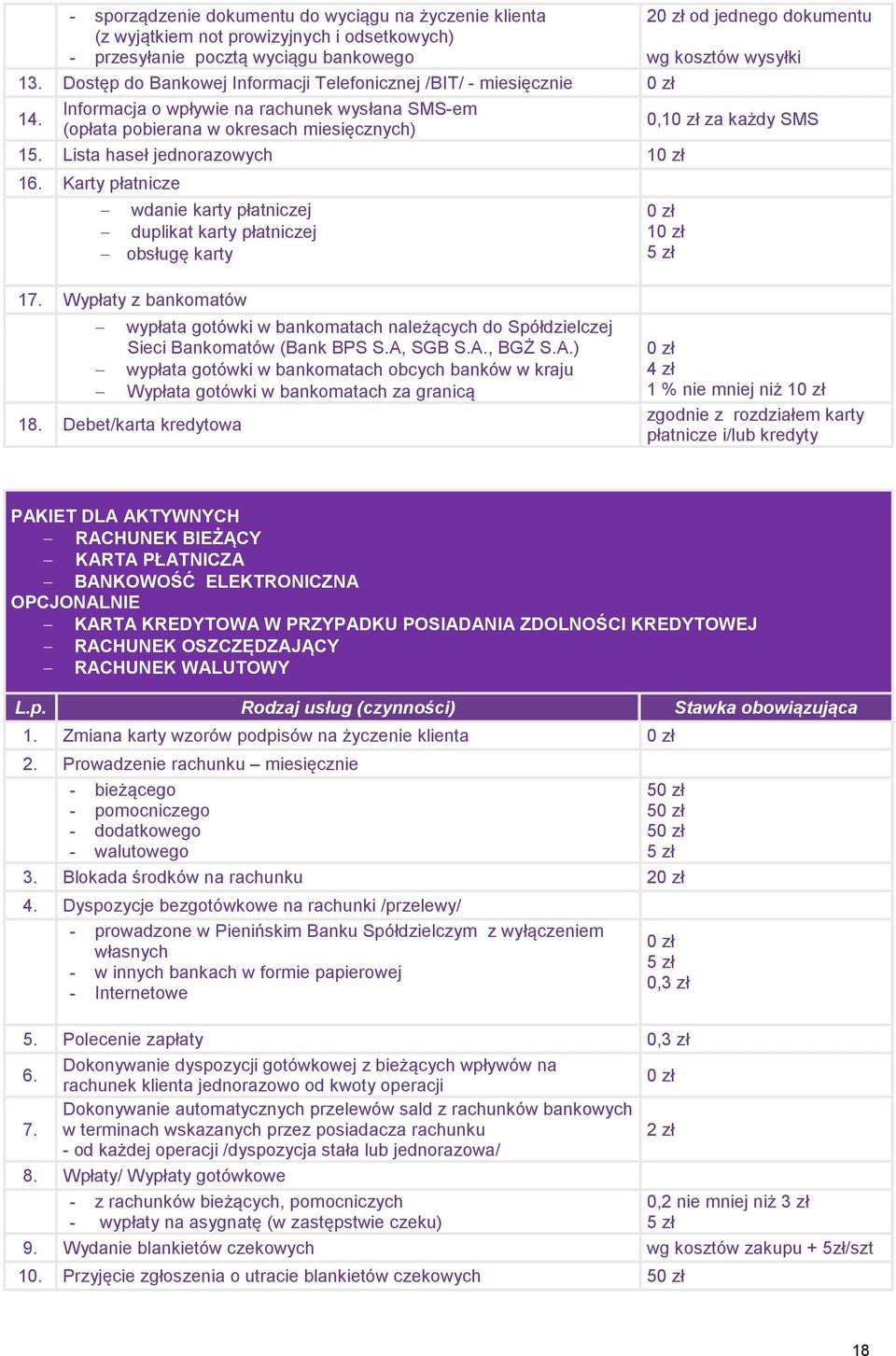 Lista haseł jednorazowych 1 16. Karty płatnicze wdanie karty płatniczej duplikat karty płatniczej obsługę karty 1 5 zł 17.