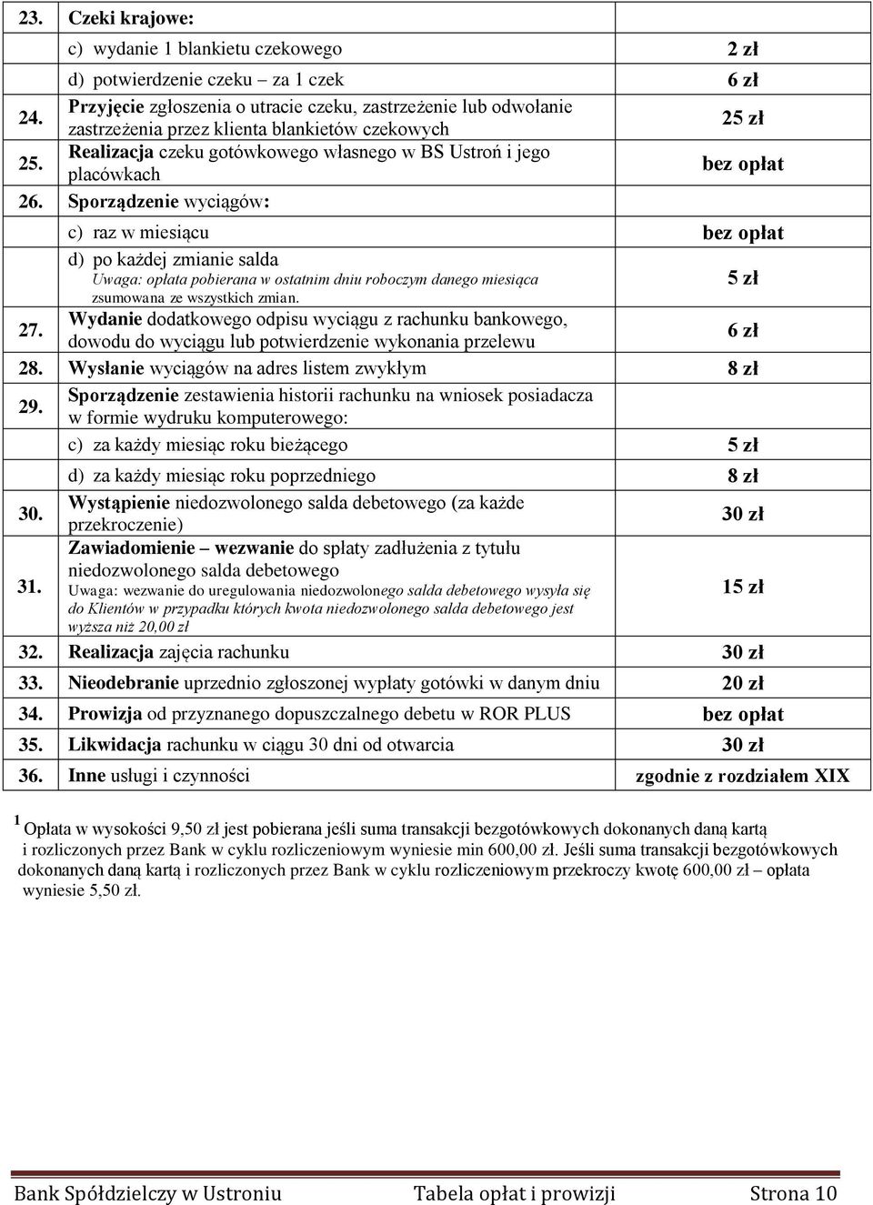 Sporządzenie wyciągów: c) raz w miesiącu d) po każdej zmianie salda Uwaga: opłata pobierana w ostatnim dniu roboczym danego miesiąca 5 zł zsumowana ze wszystkich zmian. 27.