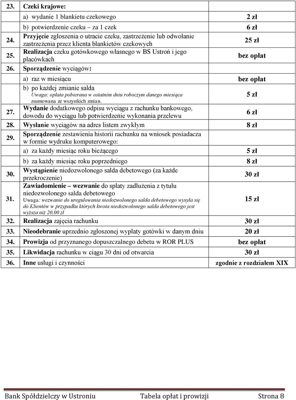 Sporządzenie wyciągów: a) raz w miesiącu b) po każdej zmianie salda Uwaga: opłata pobierana w ostatnim dniu roboczym danego miesiąca 5 zł zsumowana ze wszystkich zmian. 27.