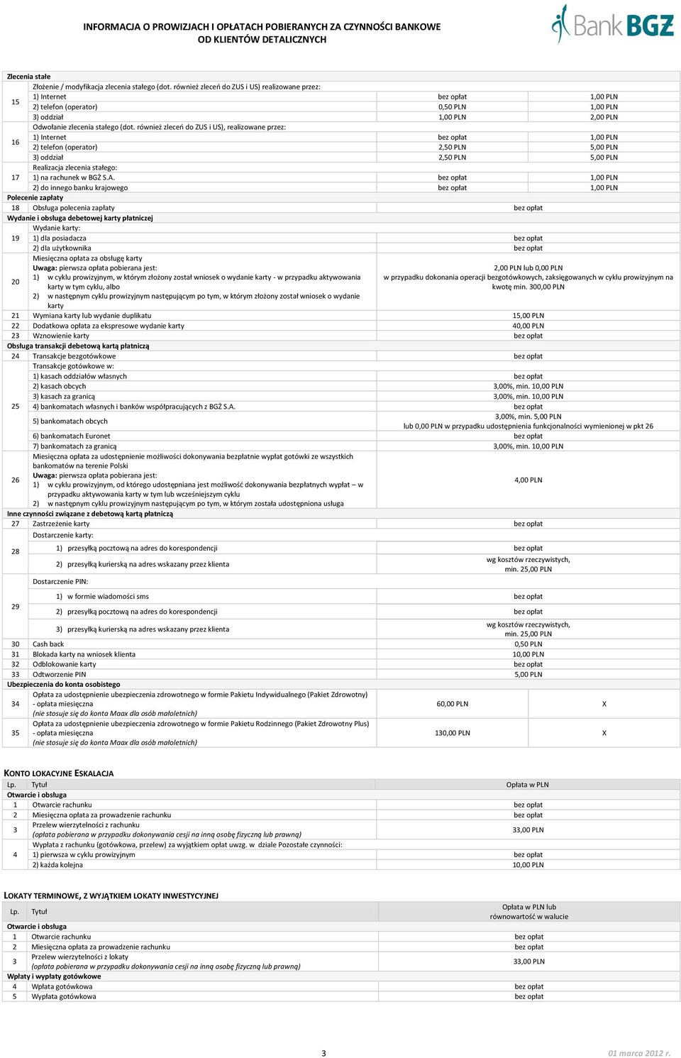 również zleceo do ZUS i US), realizowane przez: 16 1) Internet 1,00 PLN ) telefon (operator),50 PLN 5,00 PLN ) oddział,50 PLN 5,00 PLN 17 Realizacja zlecenia stałego: 1) na rachunek w BGŻ S.A.