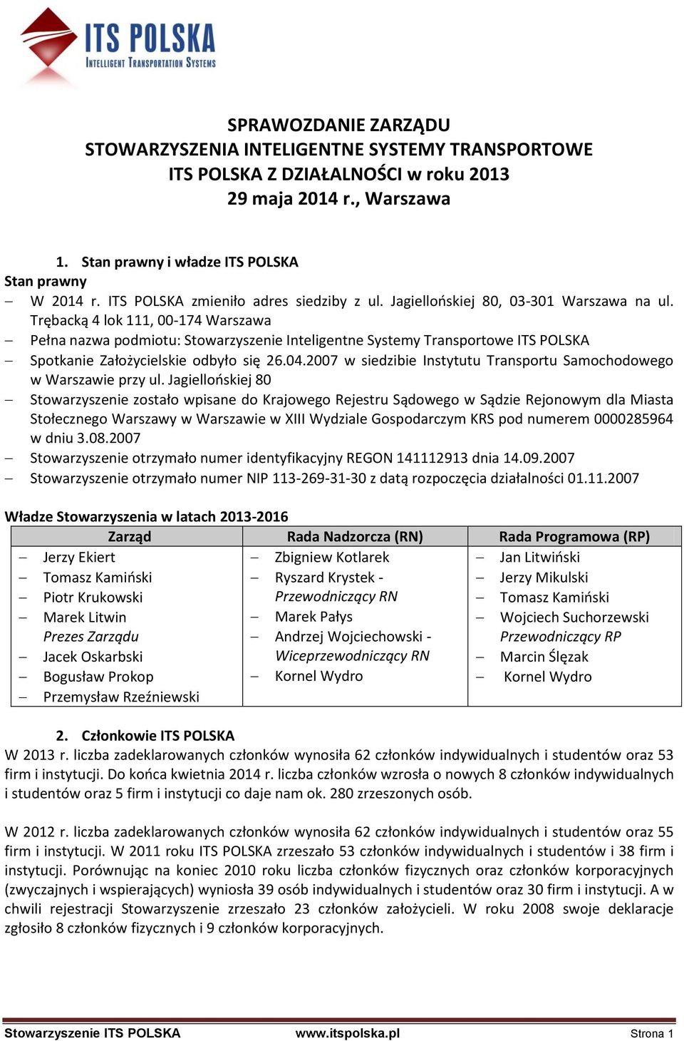 Trębacką 4 lok 111, 00-174 Warszawa Pełna nazwa podmiotu: Stowarzyszenie Inteligentne Systemy Transportowe ITS POLSKA Spotkanie Założycielskie odbyło się 26.04.