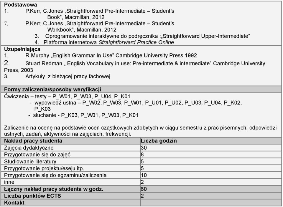 Murphy English Grammar In Use Cambridge University Press 1992 2. Stuart Redman English Vocabulary in use: Pre-intermediate & intermediate Cambridge University Press, 2003 3.