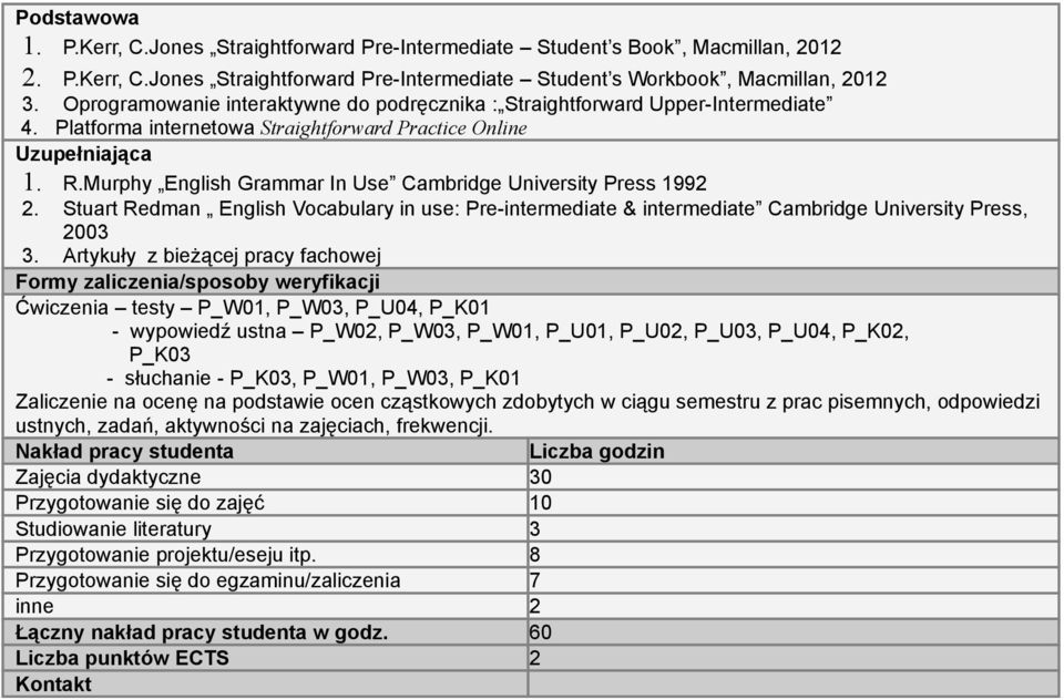 Murphy English Grammar In Use Cambridge University Press 1992 2. Stuart Redman English Vocabulary in use: Pre-intermediate & intermediate Cambridge University Press, 2003 3.