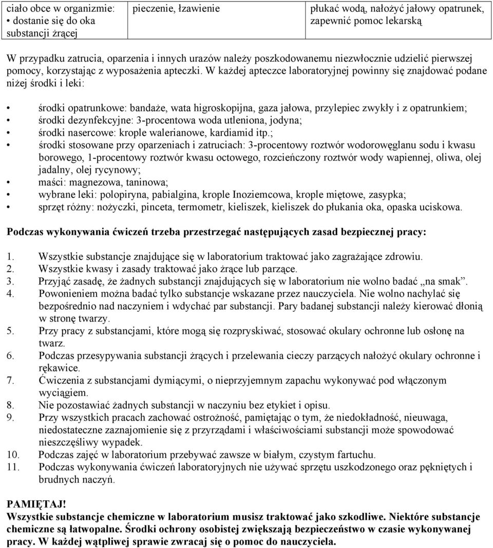 W każdej apteczce laboratoryjnej powinny się znajdować podane niżej środki i leki: środki opatrunkowe: bandaże, wata higroskopijna, gaza jałowa, przylepiec zwykły i z opatrunkiem; środki