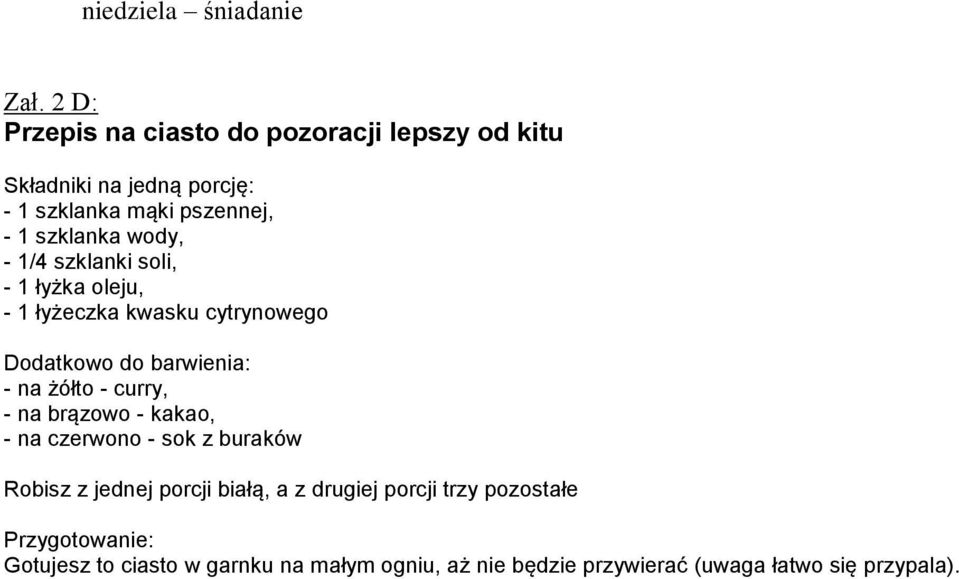 wody, - 1/4 szklanki soli, - 1 łyżka oleju, - 1 łyżeczka kwasku cytrynowego Dodatkowo do barwienia: - na żółto - curry, -