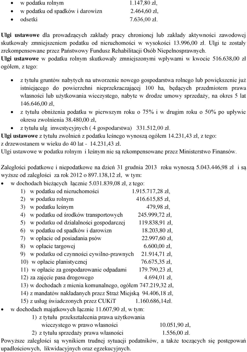 Ulgi te zostały zrekompensowane przez Państwowy Fundusz Rehabilitacji Osób Niepełnosprawnych. Ulgi ustawowe w podatku rolnym skutkowały zmniejszonymi wpływami w kwocie 516.