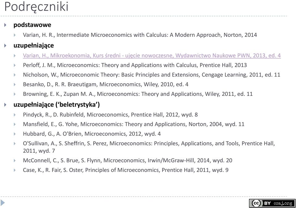 , Microeconomic Theory: Basic Principles and Extensions, Cengage Learning, 2011, ed. 11 Besanko, D., R. R. Braeutigam, Microeconomics, Wiley, 2010, ed. 4 Browning, E. K., Zupan M. A.