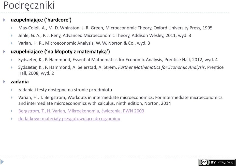 Hammond, Essential Mathematics for Economic Analysis, Prentice Hall, 2012, wyd. 4 Sydsæter, K., P. Hammond, A. Seierstad, A. Strøm, Further Mathematics for Economic Analysis, Prentice Hall, 2008, wyd.