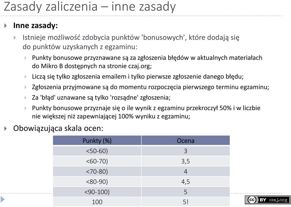 przyjmowane są do momentu rozpoczęcia pierwszego terminu egzaminu; Za 'błąd' uznawane są tylko 'rozsądne' zgłoszenia; Punkty bonusowe przyznaje się o ile wynik z egzaminu