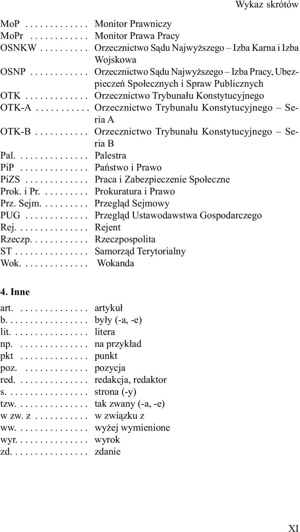 .......... Orzecznictwo Trybunału Konstytucyjnego Seria A OTK-B........... Orzecznictwo Trybunału Konstytucyjnego Seria B Pal............... Palestra PiP.............. Państwo i Prawo PiZS.