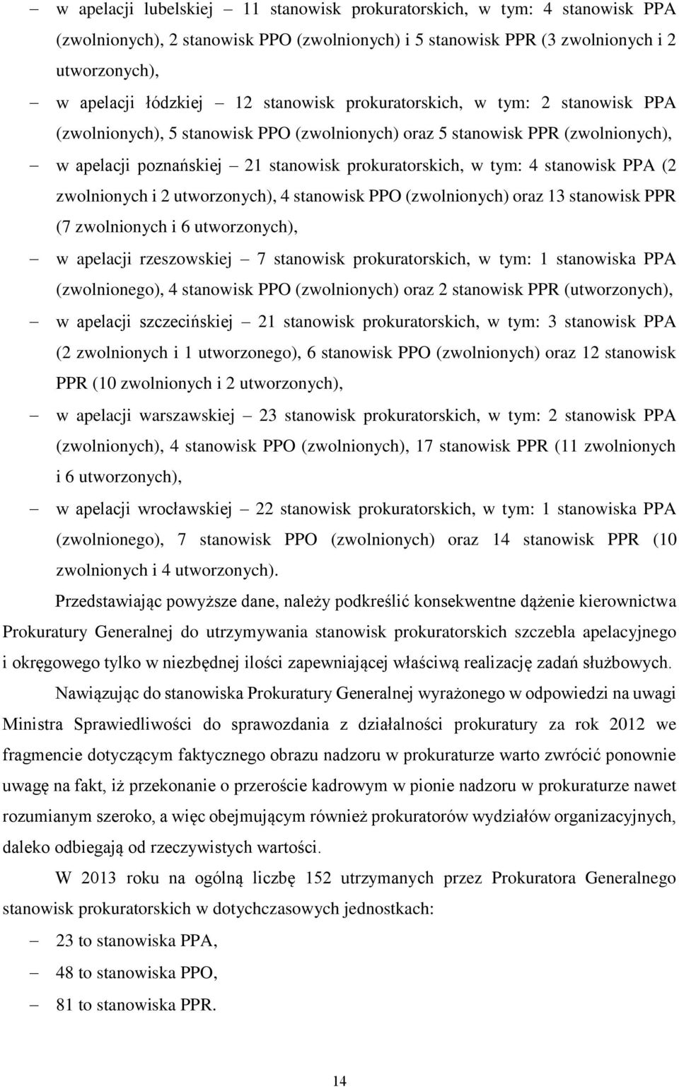 stanowisk PPA (2 zwolnionych i 2 utworzonych), 4 stanowisk PPO (zwolnionych) oraz 13 stanowisk PPR (7 zwolnionych i 6 utworzonych), w apelacji rzeszowskiej 7 stanowisk prokuratorskich, w tym: 1