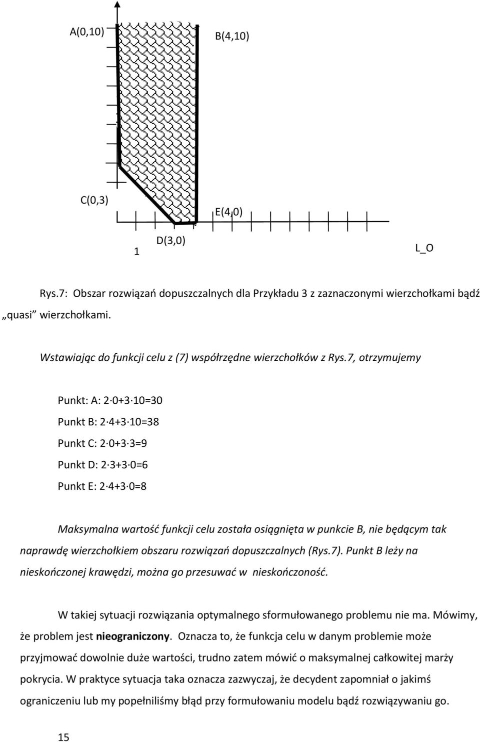 7, otrzymujemy Punkt: A: 2 0+3 0=30 Punkt B: 2 4+3 0=38 Punkt C: 2 0+3 3=9 Punkt D: 2 3+3 0=6 Punkt E: 2 4+3 0=8 Maksymalna wartośd funkcji celu została osiągnięta w punkcie B, nie będącym tak