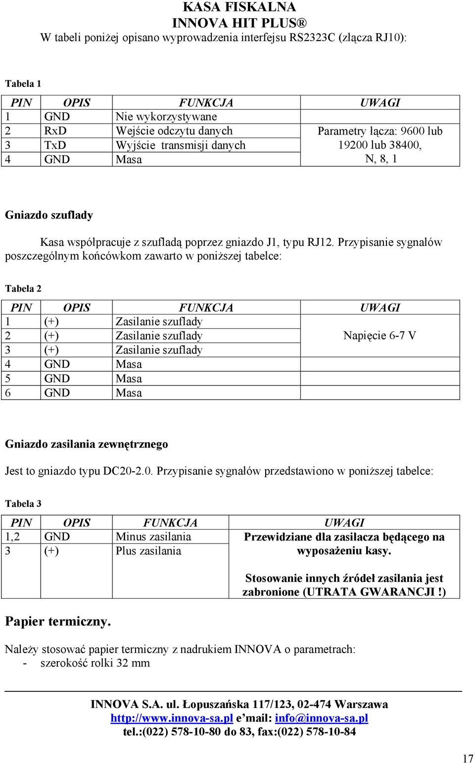 Przypisanie sygnałów poszczególnym końcówkom zawarto w poniższej tabelce: Tabela 2 PIN OPIS FUNKCJA UWAGI 1 (+) Zasilanie szuflady 2 (+) Zasilanie szuflady Napięcie 6-7 V 3 (+) Zasilanie szuflady 4