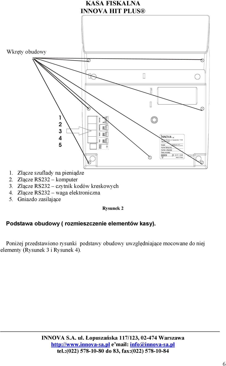 Gniazdo zasilające Rysunek 2 Podstawa obudowy ( rozmieszczenie elementów kasy).