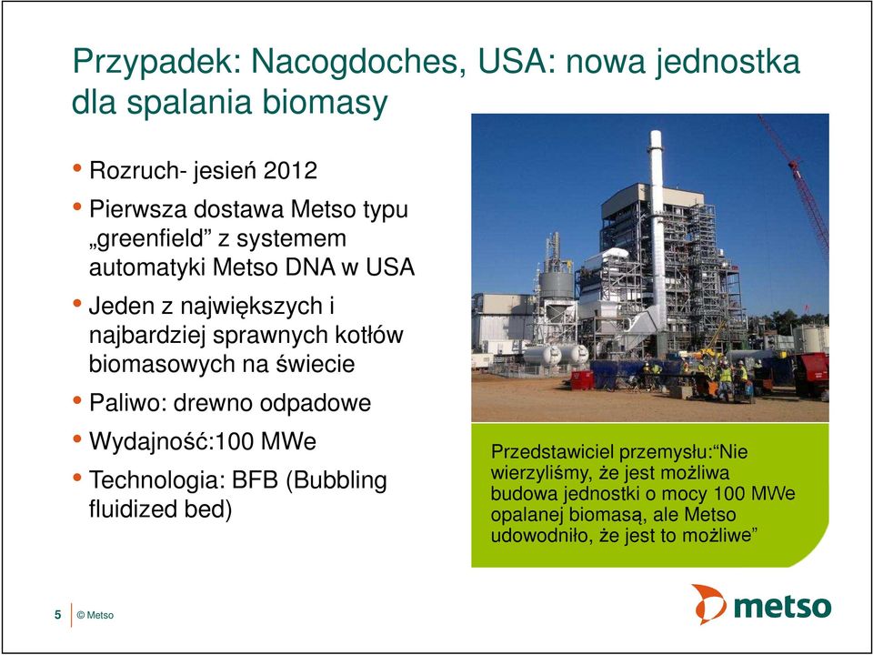 świecie Paliwo: drewno odpadowe Wydajność:100 MWe Technologia: BFB (Bubbling fluidized bed) Przedstawiciel przemysłu: