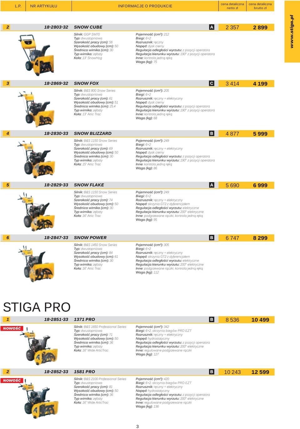 (kg): 75 3 18-2869-32 SNOW FOX C 3 414 4 199 Silnik: B&S 800 Snow Series Pojemność (cm 3 ): 205 Typ: dwustopniowa Biegi: 6+2 Szerokość pracy (cm): 61 Rozrusznik: ręczny + elektryczny Wysokość obudowy