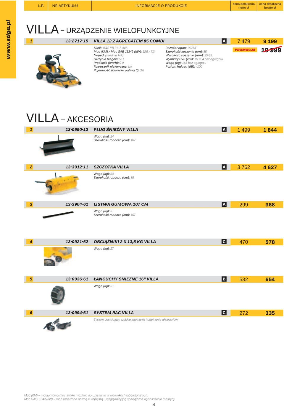 Poziom hałasu (db): <100 Pojemność zbiornika paliwa (l): 3,8 promocja 10 999 Villa akcesoria 1 13-0990-12 Pług śnieżny Villa A 1 499 1 844 Waga (kg): 24 Szerokość robocza (cm): 107 2 13-3912-11