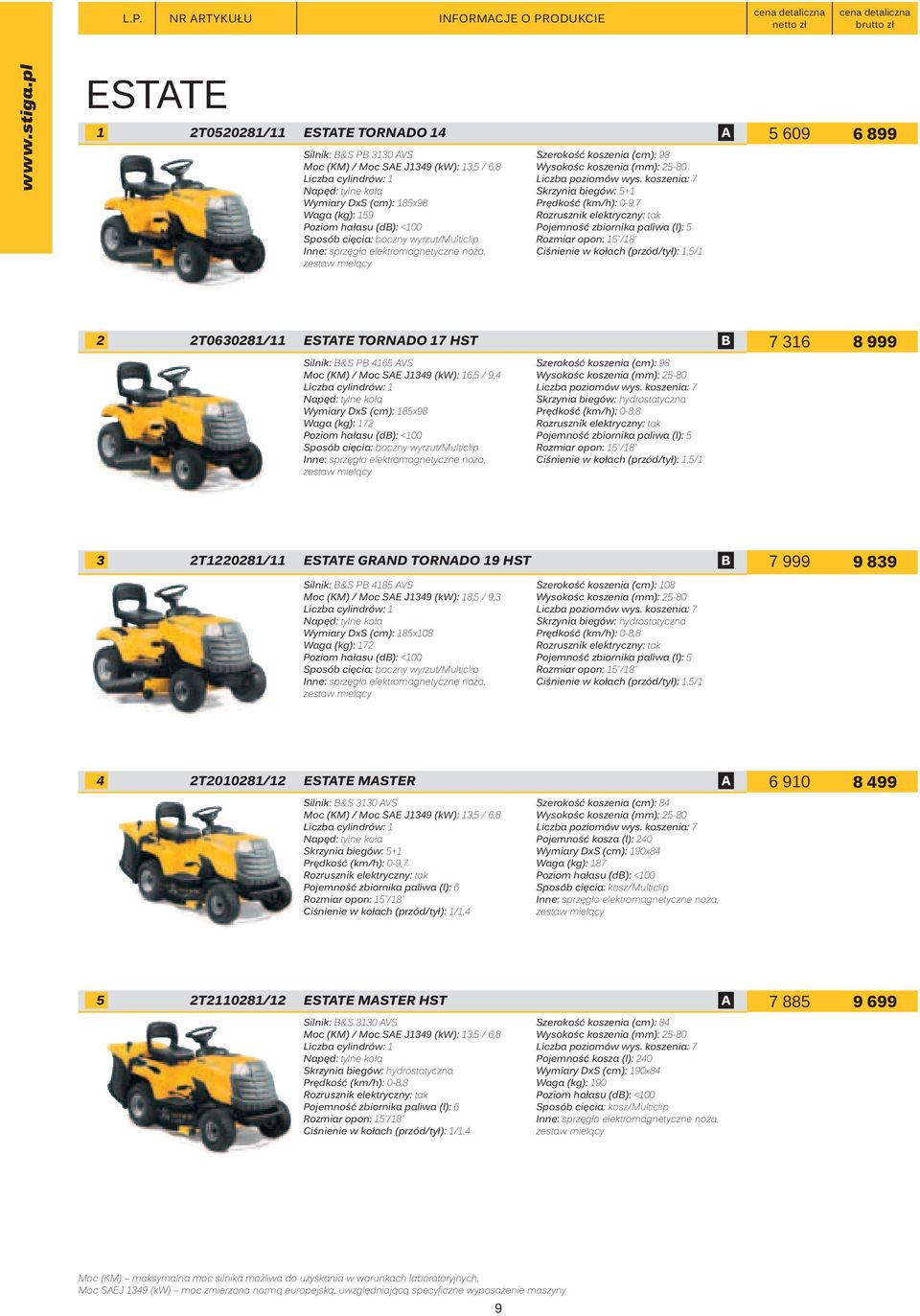 koszenia: 7 Napęd: tylne koła Skrzynia biegów: 5+1 Wymiary DxS (cm): 185x98 Prędkość (km/h): 0-9,7 Waga (kg): 159 Rozrusznik elektryczny: tak Poziom hałasu (db): <100 Pojemność zbiornika paliwa (l):