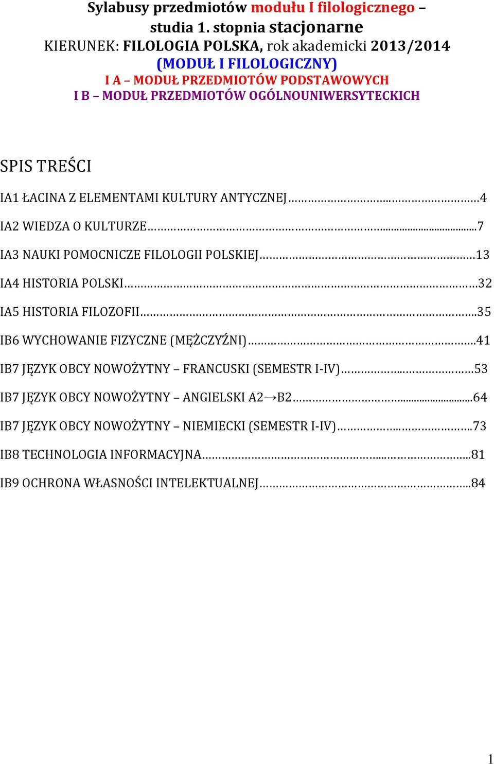 OGÓLNOUNIWERSYTECKICH SPIS TREŚCI IA1 ŁACINA Z ELEMENTAMI KULTURY ANTYCZNEJ.. 4 IA WIEDZA O KULTURZE.