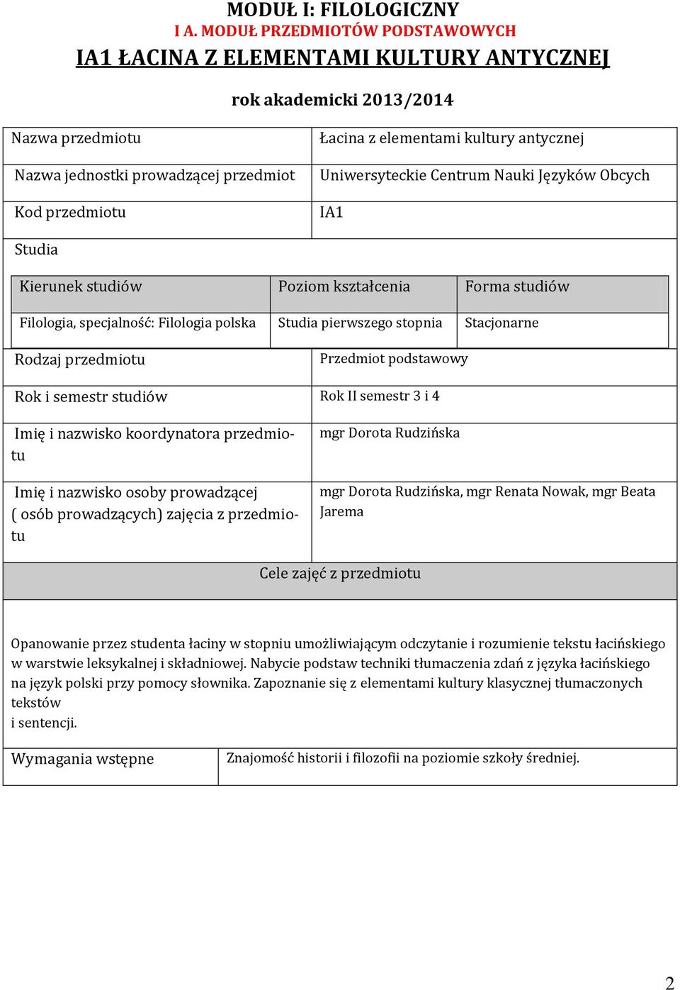 antycznej Uniwersyteckie Centrum Nauki Języków Obcych IA1 Studia Kierunek studiów Poziom kształcenia Forma studiów Filologia, specjalność: Filologia polska Studia pierwszego stopnia Stacjonarne