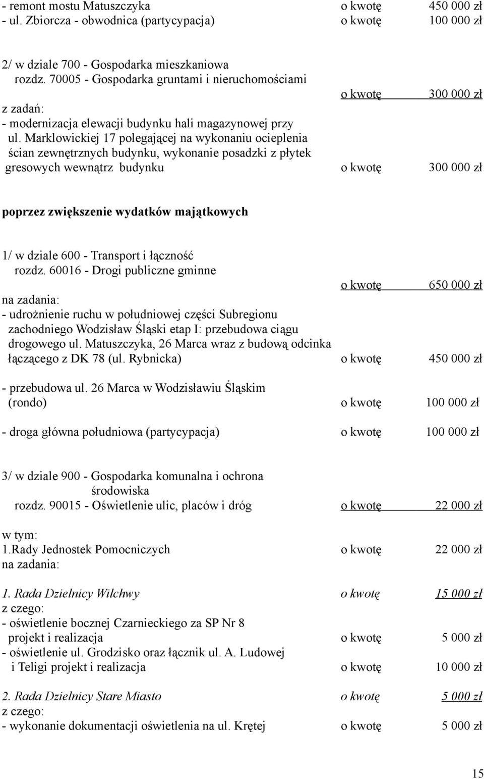 Marklowickiej 17 polegającej na wykonaniu ocieplenia ścian zewnętrznych budynku, wykonanie posadzki z płytek gresowych wewnątrz budynku o kwotę 300 000 zł poprzez zwiększenie wydatków majątkowych 1/