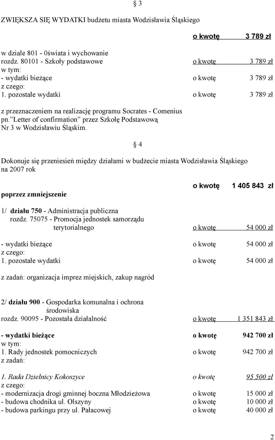 Dokonuje się przeniesień między działami w budżecie miasta Wodzisławia Śląskiego na 2007 rok 4 poprzez zmniejszenie o kwotę 1 405 843 zł 1/ działu 750 - Administracja publiczna rozdz.