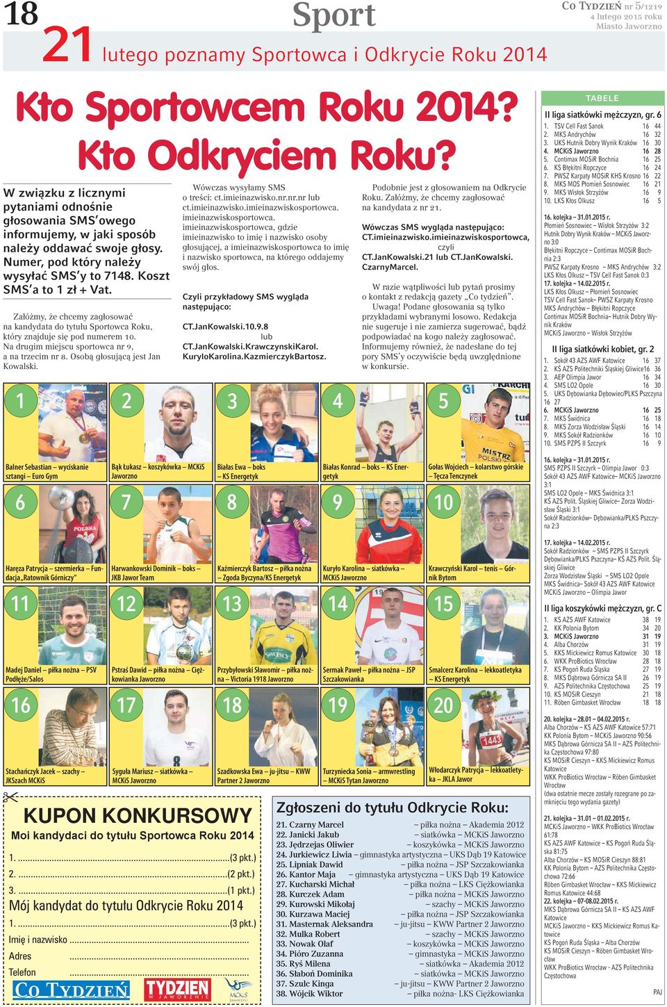 Na drugim miejscu sportowca nr 9, a na trzecim nr 8. Osobą głosującą jest Jan Kowalski. 1 2 3 4 5 Bąk Łukasz koszykówka MCKiS Jaworzno Wówczas wysyłamy SMS o treści: ct.imieinazwisko.nr.nr.nr lub ct.