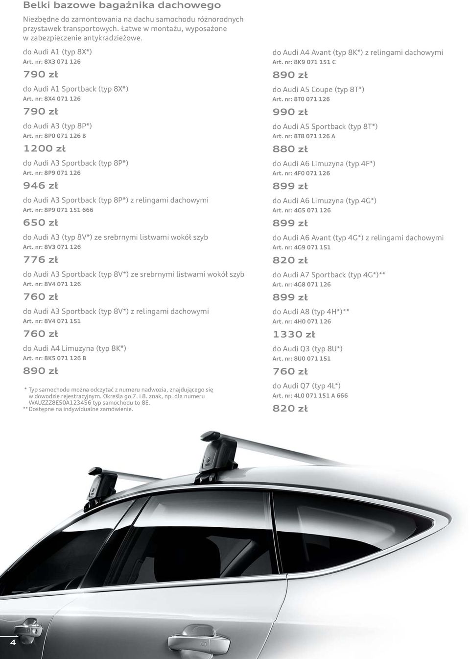 nr: 8P9 071 126 946 zł do Audi A3 Sportback (typ 8P*) z relingami dachowymi Art. nr: 8P9 071 151 666 650 zł do Audi A3 (typ 8V*) ze srebrnymi listwami wokół szyb Art.