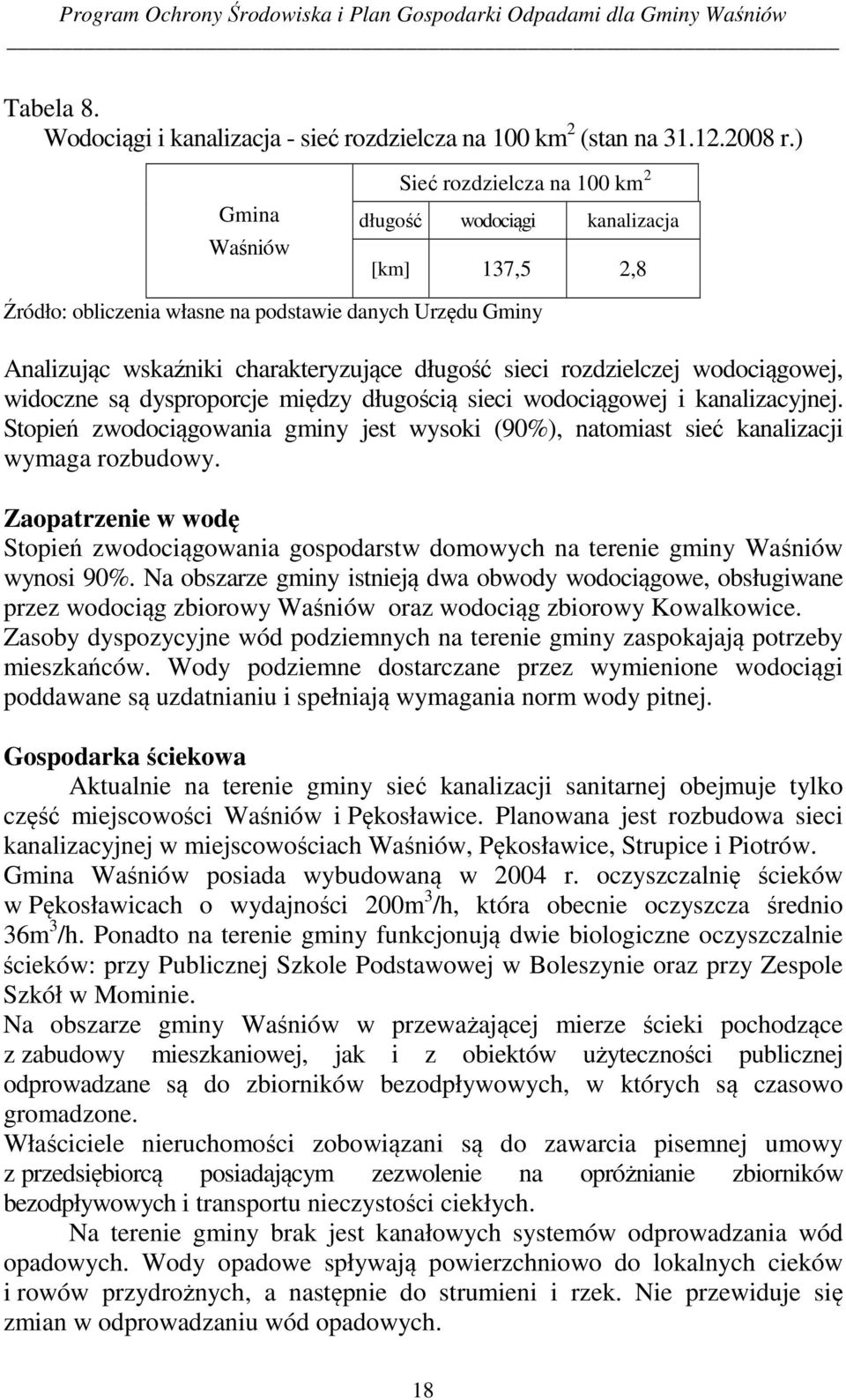 sieci rozdzielczej wodociągowej, widoczne są dysproporcje między długością sieci wodociągowej i kanalizacyjnej.