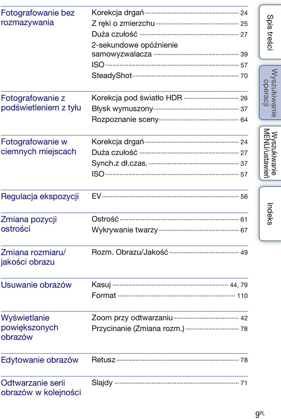 37 ISO 57 Regulacja ekspozycji EV 56 Zmiana pozycji ostrości Ostrość 61 Wykrywanie twarzy 67 Zmiana rozmiaru/ jakości obrazu Rozm.