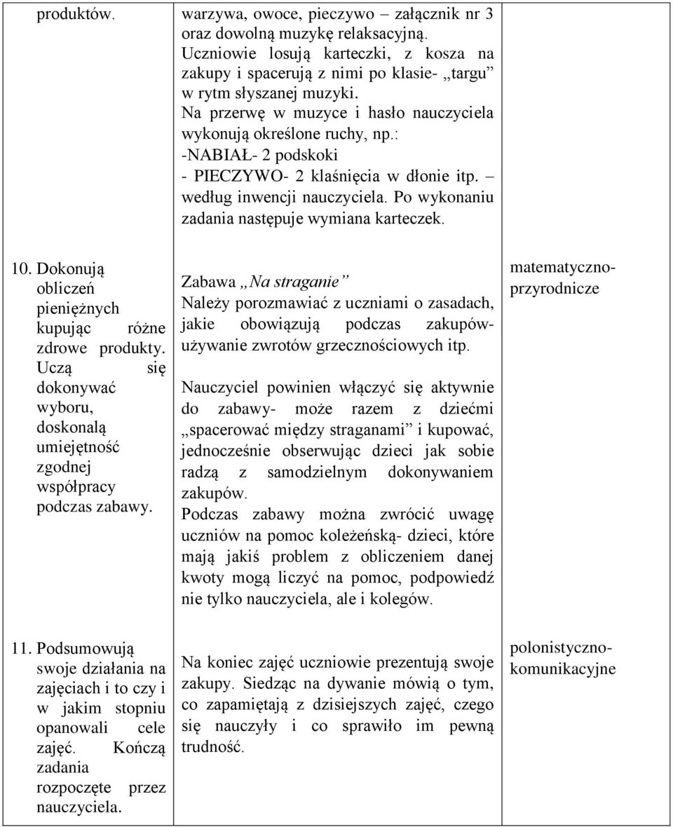 Po wykonaniu zadania następuje wymiana karteczek. 10. Dokonują obliczeń pieniężnych kupując różne zdrowe produkty. Uczą się dokonywać wyboru, doskonalą umiejętność zgodnej współpracy podczas zabawy.