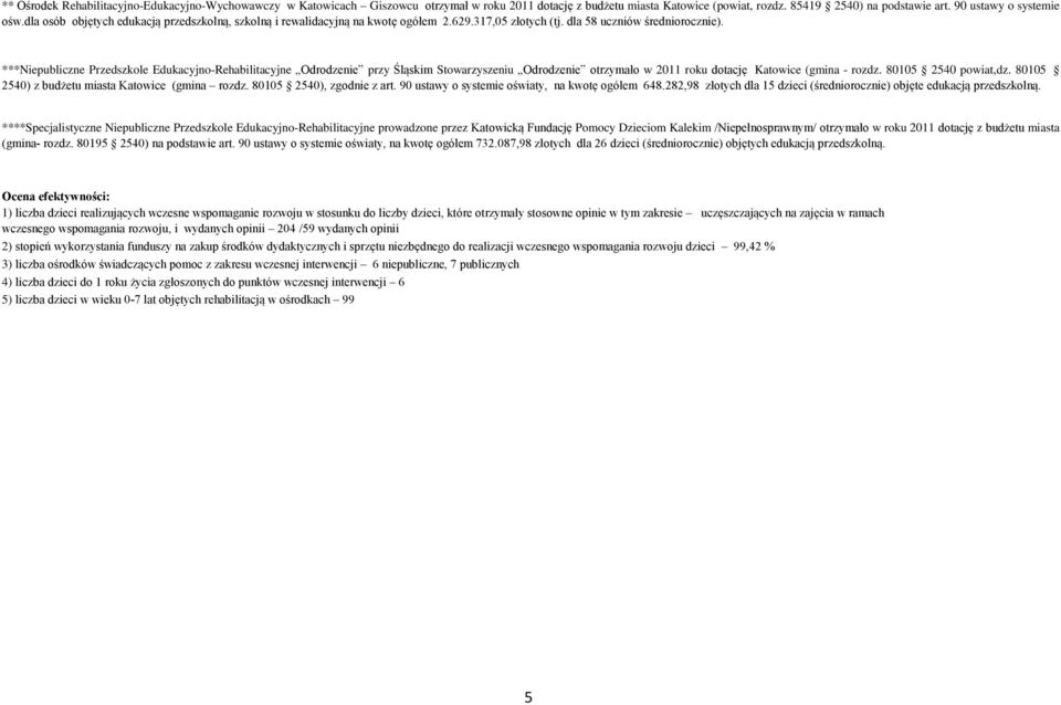 ***Niepubliczne Przedszkole Edukacyjno-Rehabilitacyjne Odrodzenie przy Śląskim Stowarzyszeniu Odrodzenie otrzymało w 2011 roku dotację Katowice (gmina - rozdz. 80105 2540 powiat,dz.