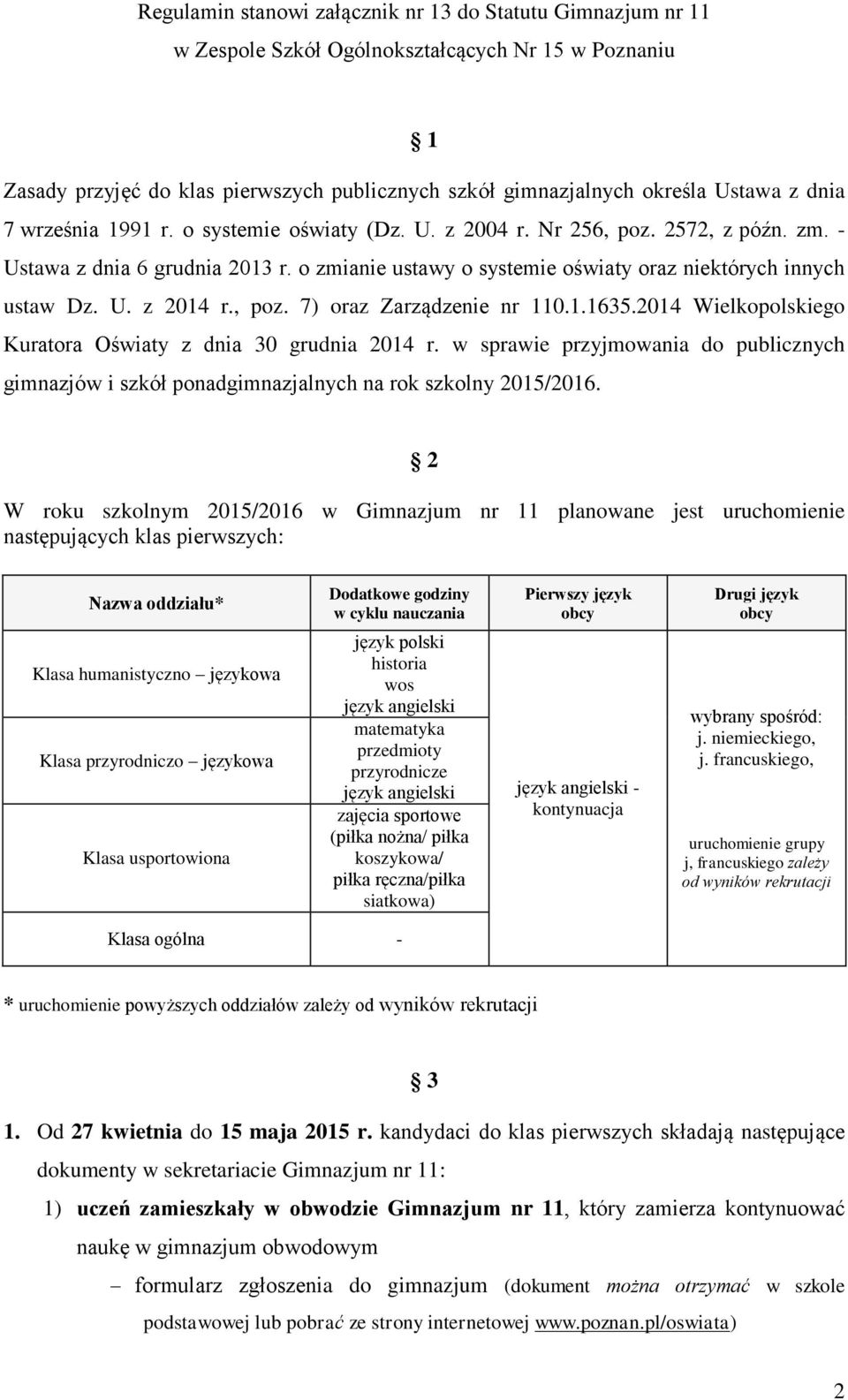 , poz. 7) oraz Zarządzenie nr 110.1.1635.2014 Wielkopolskiego Kuratora Oświaty z dnia 30 grudnia 2014 r.