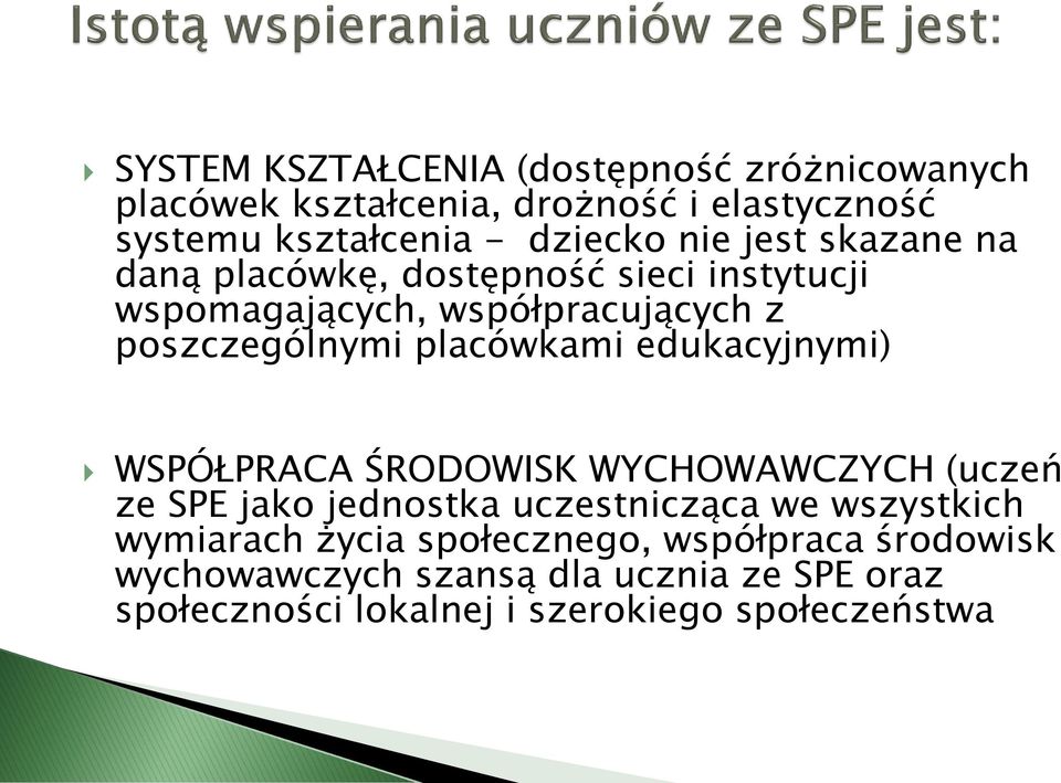 edukacyjnymi) WSPÓŁPRACA ŚRODOWISK WYCHOWAWCZYCH (uczeń ze SPE jako jednostka uczestnicząca we wszystkich wymiarach życia