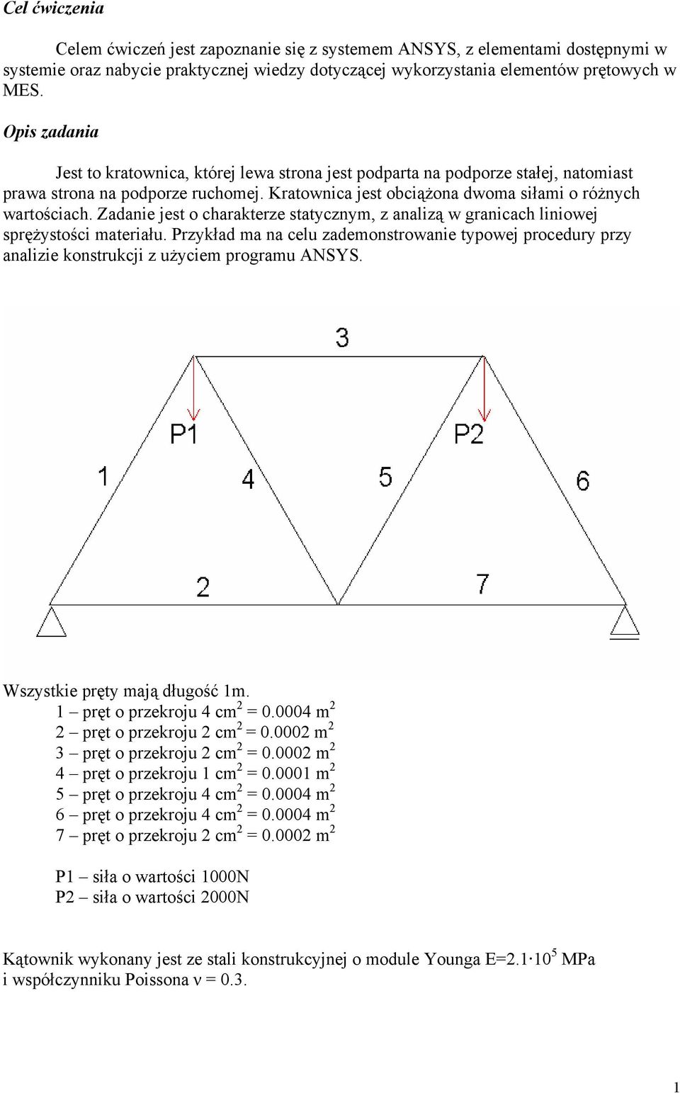 Zadanie jest o charakterze statycznym, z analizą w granicach liniowej sprężystości materiału. Przykład ma na celu zademonstrowanie typowej procedury przy analizie konstrukcji z użyciem programu ANSYS.