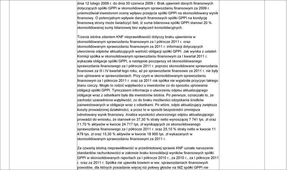 O potencjalnym wpływie danych finansowych spółki GPPI na kondycję finansową strony może świadczyć fakt, iż suma bilansowa spółki GPPI stanowi 20 % skonsolidowanej sumy bilansowej bez wyłączeń