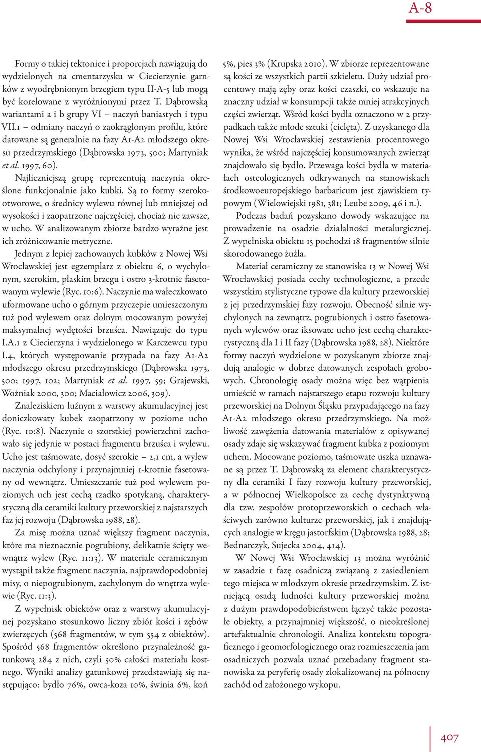 1 odmiany naczyń o zaokrąglonym profilu, które datowane są generalnie na fazy A1-A2 młodszego okresu przedrzymskiego (Dąbrowska 1973, 500; Martyniak et al. 1997, 60).