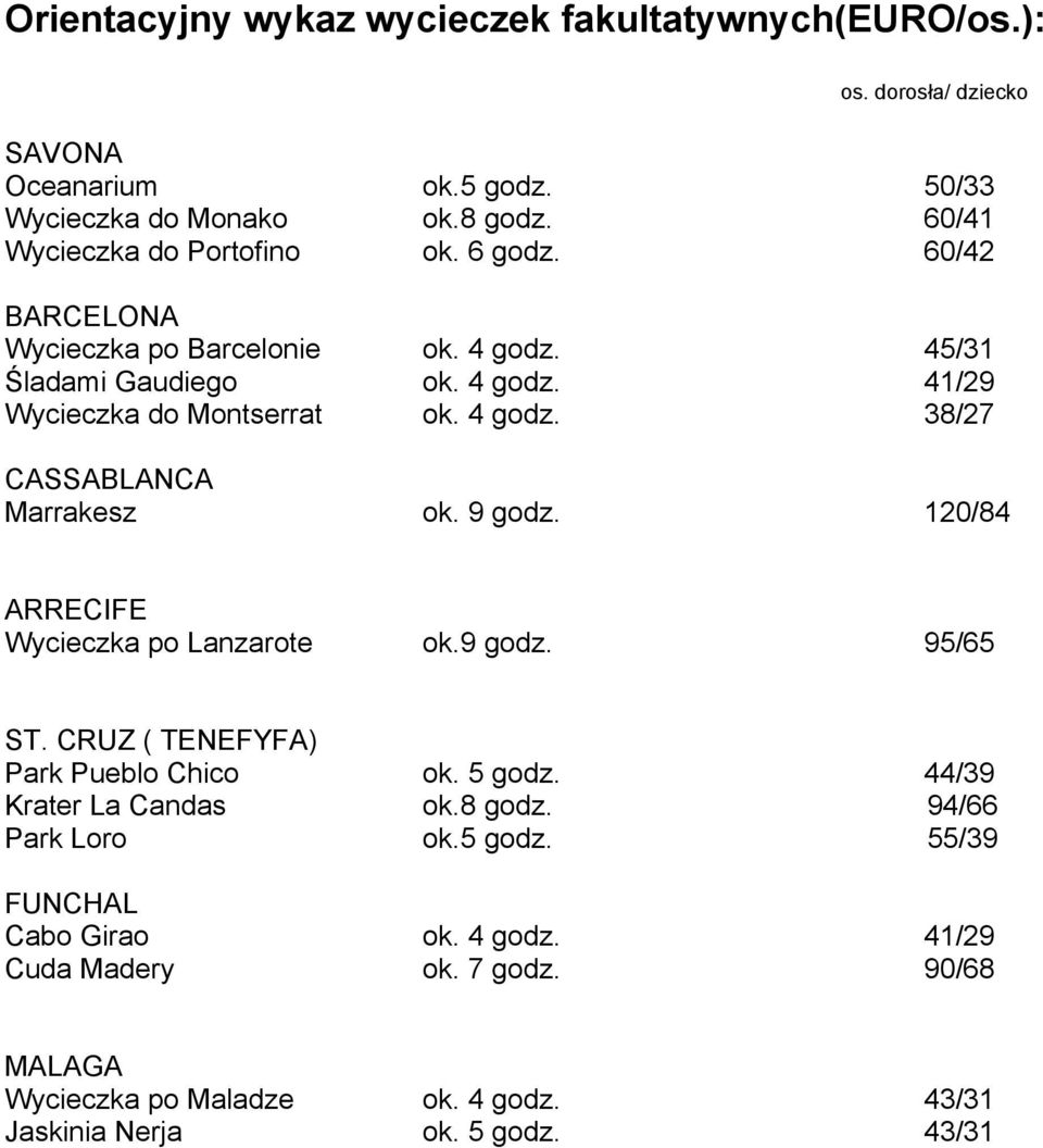 4 godz. 38/27 CASSABLANCA Marrakesz ok. 9 godz. 120/84 ARRECIFE Wycieczka po Lanzarote ok.9 godz. 95/65 ST. CRUZ ( TENEFYFA) Park Pueblo Chico ok. 5 godz.