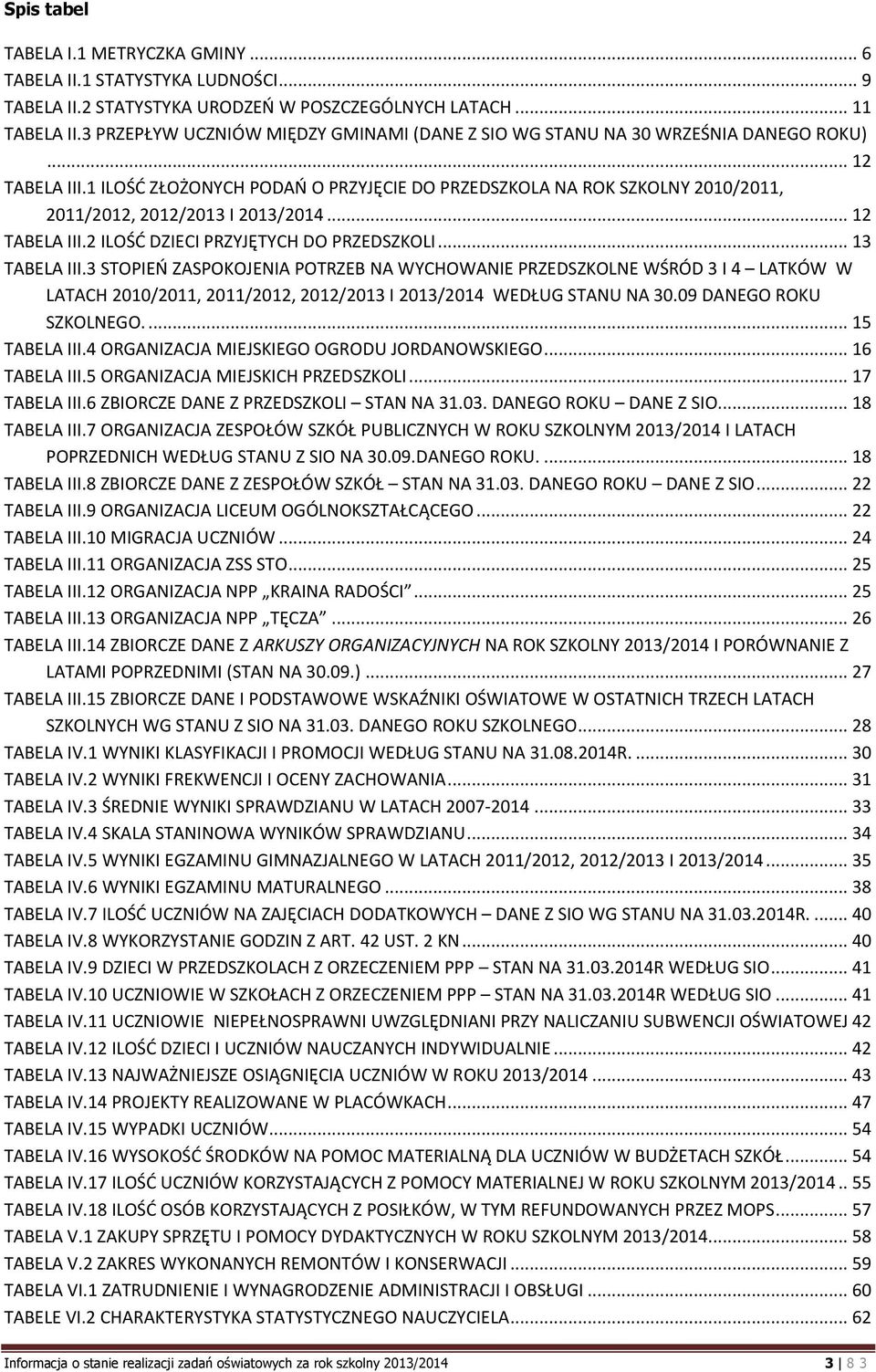 1 ILOŚĆ ZŁOŻONYCH PODAŃ O PRZYJĘCIE DO PRZEDSZKOLA NA ROK SZKOLNY 2010/2011, 2011/2012, 2012/2013 I 2013/2014... 12 TABELA III.2 ILOŚĆ DZIECI PRZYJĘTYCH DO PRZEDSZKOLI... 13 TABELA III.